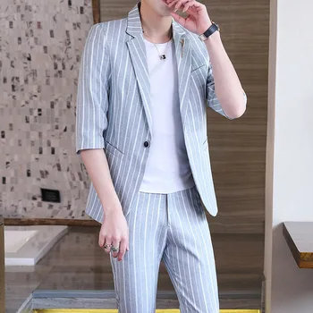 Naujos pusės rankovės (Blazer+ suknelės kelnės) Korėjietiška kostiumo rankovės versija Blazer dryžuotas plonas modelis septynių taškų rankovės dviejų dalių komplektas
