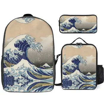 Japonijos Didžiosios bangos 3 In 1 rinkinyje kuprinė Pietų krepšys Rašiklio krepšys Atsitiktinis patogus nešiojamas kompiuteris Kuprinė paaugliams Vaikai Knygų krepšiai
