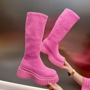 Rožiniai megzti ilgi batai Moterys Ruduo Žiema Apvalus Pirštų platforma Komforto batai Lady Fashion Wedge Kulnas Knee High Sock Batai 35-40