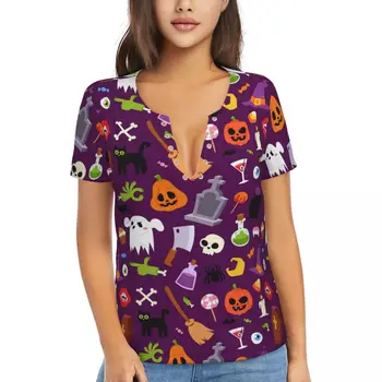 Happy Halloween marškinėliai Funny Pumpkin Casual Deep V Neck Marškinėliai trumpomis rankovėmis Y2K Mieli oversize trikotažai Vasaros grafinės viršūnės Dovana