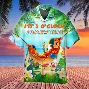 Havajų marškiniai vyrams Paplūdimio jūros papūga Animacinis filmas Spausdinti marškinėliai Paplūdimio trumpomis rankovėmis Vasaros laisvalaikio mygtukas aukštyn Havajų marškiniai