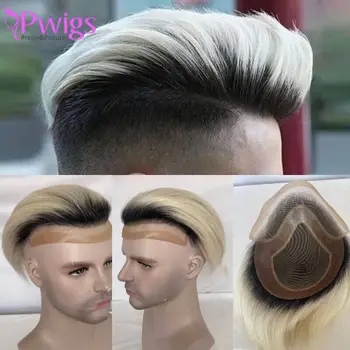 Pwigs Human Hair Toupee Swiss Lace Front T1B/60 Platinum Blonde Color Hairpieces Patvarios 8x10