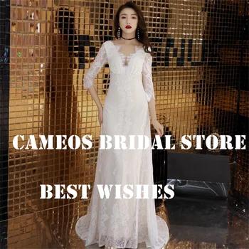 SONDR Pagal užsakymą pagamintos nėriniuotos vestuvinės suknelės V kaklo pusės rankovės Bohemijos Korėja Kulkšnies nuotakos chalatai Dramblio kaulo moterys Vestuvinės suknelės