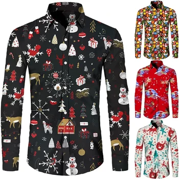 2023 Juokinga Kalėdų tema 3D spausdinimas Vyriški marškiniai Laisvalaikio gatvės drabužiai ilgomis rankovėmis Topai Unisex Holiday Party prašmatnūs havajietiški marškiniai