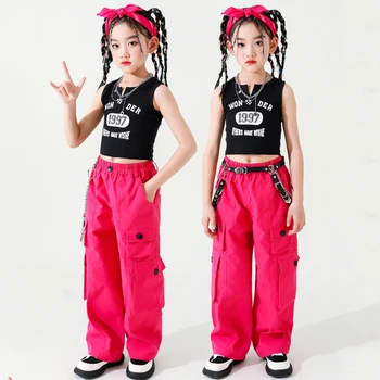Nauji hiphopo šokių kostiumai mergaitėms Juoda liemenė Rožinės krovininės kelnės Gatvės drabužiai Vaikų džiazo pasirodymas Šokių apranga DQS12973