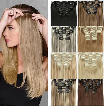 6vnt/rinkinys 16 Clip in Hair Extensions Wigs Long Straight Hairstyle Blonde Natural Synthetic Clip-in One Piece for Women Extension