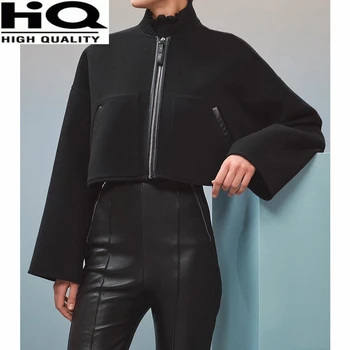 Women Fashion Black Patchwork Leather Pocket Zipper Short Cashermere Wool Coat Jacket