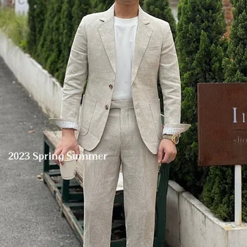 Pavasario vasaros lininis švarkas Vyrai Fashion Thin Casual Suit Set British Half Lining Slim Fit Cotton Linen Vyriškas kostiumas Striukė ir kelnės