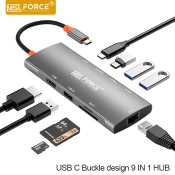 MSLFORCE USB Type C HUB į HDMI suderinamas USB 3.0 adapteris 9 in 1 C tipo HUB dokas, skirtas MacBook Pro Air USB C skirstytuvas
