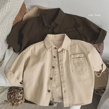 2023 Pavasario ir rudens korėjietiško stiliaus vaikiški marškiniai Vintažiniai apverčiami apykaklės kišenės Šauni mada Naujo dizaino ilgos rankovės Gražios
