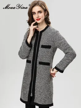MoaaYina Žiemos mados dizainerė Vintage Pledinė striukė Paltai Moteriški O Kaklas Ilgomis rankovėmis Kišenė Laisvi Tiesūs ilgi striukiniai paltai
