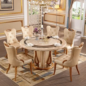 Modernus paprastas europietiškas marmurinis valgomojo stalas šviesus prabangus namų viešbutis apvalus valgomojo stalas ir kėdė su patefonu