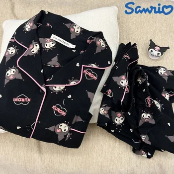 Naujasis Kawaii Sanrios Kuromi pižamų rinkiniai ilgomis rankovėmis Pavasario ir rudens animacinių filmų medvilninė pižama moterims Mielas laisvalaikio namų drabužių rinkinys