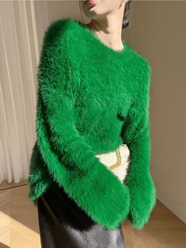 2023 Nauja audinės imitacija Žalias megztinis Moterys ilgomis rankovėmis O-Kaklas Minkštas megztas megztinis Megztinis Laisvalaikio laisvi korėjietiški rudens drabužiai