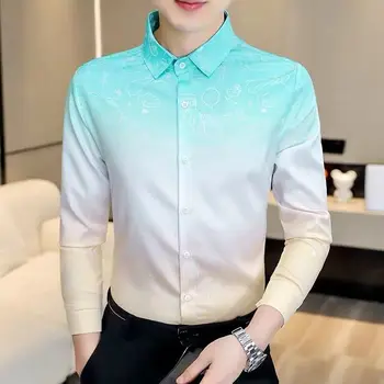 Aukštos kokybės vyriški pavasario ir rudens Korėjos versija Madingi gradiento spalvos laisvalaikio marškiniai ilgomis rankovėmis visi atitinka mados spausdinimo marškinius
