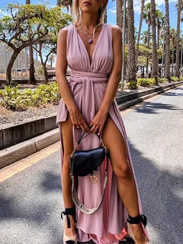 Beach Style Sexy Women Summer Backless Deep V-Neck Long Party Dress Solid Sleeveless Hollow Out Ladies Dress Streetwear Vestidos