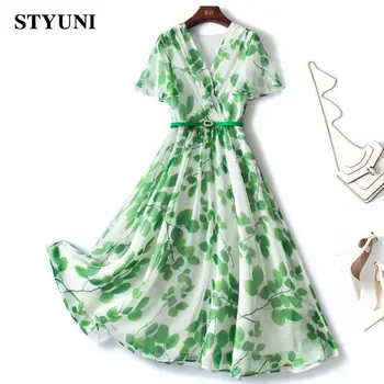 Žalia gėlių spauda Bohemijos šifono V formos kaklas Aukštas juosmuo su diržu Moteriška suknelė Korėjos mada Vidurio blauzdos- suknelės moterims 2023