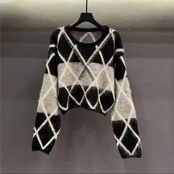 Fashion Rhombus Plediniai megztiniai Moterys Nauji klasikiniai megzti apatiniai marškiniai ilgomis rankovėmis O-apykaklė Kontrastas Laisvi Lady Pullovers Tops
