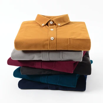 Rudens vyriški velvetiniai ilgomis rankovėmis sagomis žemyn marškiniai Japoniško stiliaus vieno pleistro kišenė Patogūs minkšti standartiniai laisvalaikio marškiniai