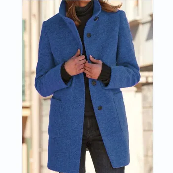 2023 Ruduo Žieminis vilnonis paltas Moterys Vintažinis vienspalvis megztinis Moterys ilgomis rankovėmis Apversta apykaklė Laisvas vilnonis paltas