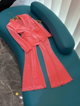 Quality Velvet Design Lady Solid Office Suit Single Button Long Sleeve Blazer Platėjančios kelnės Moterys 2Vnt rožinės