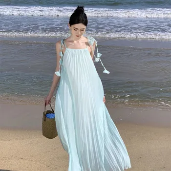 Draped Holiday Style Sling Suknelė moterims Berankovės lankas Solidžios atostogos Vasaros ponios Sundress Simple Laisvi ilgi drabužiai Nauja