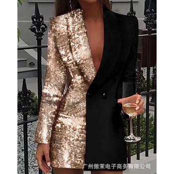 Įmantrūs nauji moteriški drabužiai Rudens vientisos spalvos kontrastas Blizgučiai ilgomis rankovėmis Slim Fit Patchwork verslo suknelė