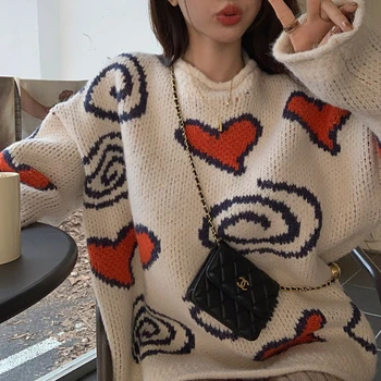 EBAIHUI Korėjietiška versija Tingus stilius Moteriškas megztinis Meilė Spausdintas Moteriškas megztinis Ruduo Žiema Laisvas Apvalus kaklas Mielas Trikotažas
