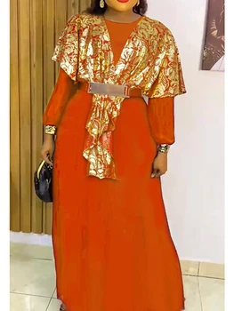 Moterys Maxi ilgos suknelės Plisuotos O Kaklas ilgomis rankovėmis Šifonas su juosmens diržu Vintažinis spausdintas Cape African Prom Švęsti elegantiškai