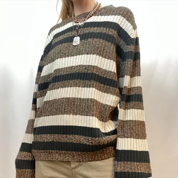 Y2k Moteriški rudens žieminiai džemperiai Vintažinis dryžuotas margintas megztinis apvaliomis kaklo ilgomis rankovėmis laisvas megztinis Megztinis Tops Gatvės apranga
