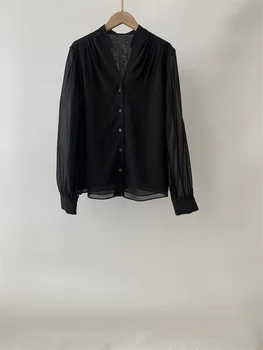 2023 Nauji rudens marškiniai Moteriškos aukštosios mados juodos šilkinės palaidinės