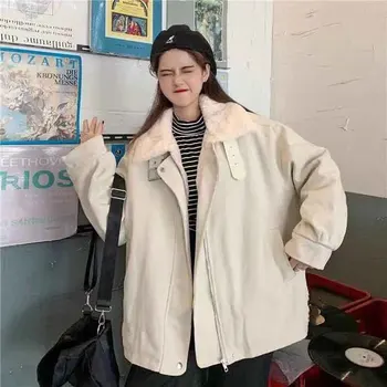 Žieminis dirbtinis triušis Šiltas Pūkinis švarkas Moterys Korėjietiškas laisvas ilgomis rankovėmis Atvartas Parka paltai Solid Chic Plush All Match Outwear
