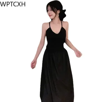 Moteriški drabužiai 2024 Nauja nugara Nėriniai Tuščiavidurė suknelė Moteriškas vasaros juosmens sulankstymo dizainas Jausmas Pajūrio atostogos Laisvalaikio ilgas sijonas