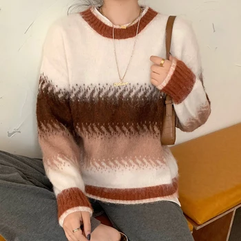 2023 Žieminiai moteriški megztiniai Harajuku Korėjietiški drabužiai Mados asmenybė Vintažinis tingus gradientas Spalva Megztas megztinis Moterys Ruduo