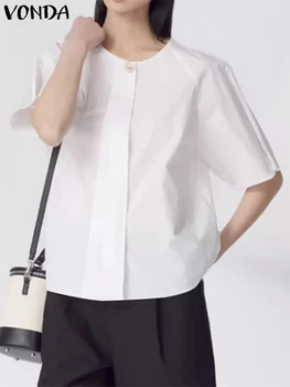 Elegantiški biuro marškiniai VONDA Moterys 2023 m. vasara Madinga palaidinė Solor Color trumpomis rankovėmis Vakarėlių viršūnės Laisvi laisvalaikio blusai Femininas