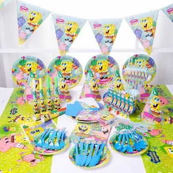 Animacinis filmas Kempinė-Kūdikio gimtadienio šventės dekoravimas Vienkartiniai indai Popieriniai lėkštiniai puodeliai Torto vėliavos lipdukas Kūdikių dušo vakarėlio reikmenys