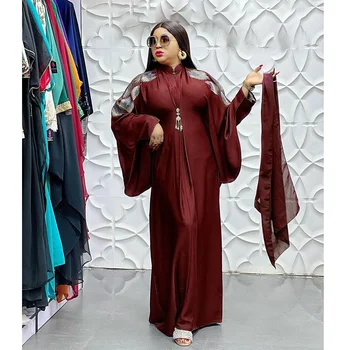 musulmoniška suknelė moterims Dubajaus šikšnosparnių rankovės stovi apykakle ilgas suknelės chalatas vakarėliui moteriška didelė šifono suknelė su galvūgaliu