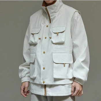 American Fashion Multi Pocket Cargo Jacket Vyriški drabužiai Gatvės drabužiai Harajuku laisvalaikio paltas Pavasario madinga Stand Up apykaklės striukė